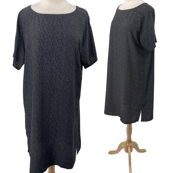 Eileen Fisher Mini Shift Dress Morse Code Print Lyocell Viscose Gray White M - Picture 1 of 7